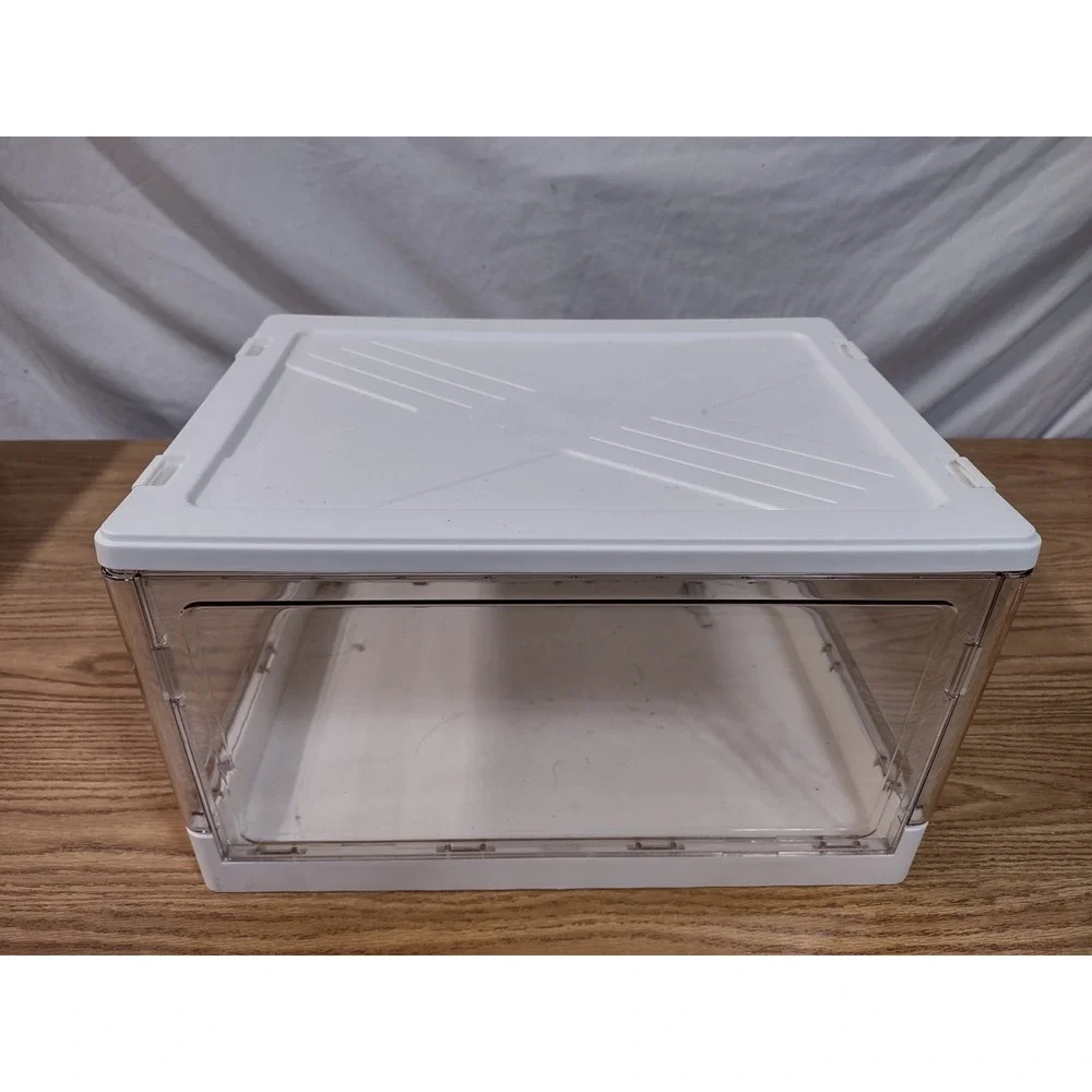 Clear Plastic Stackable Shoe Box Storage Container White Trim Drop Front Door